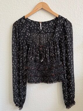 Free People Lolita Long Sleeve Floral Blooms Blouse Black S